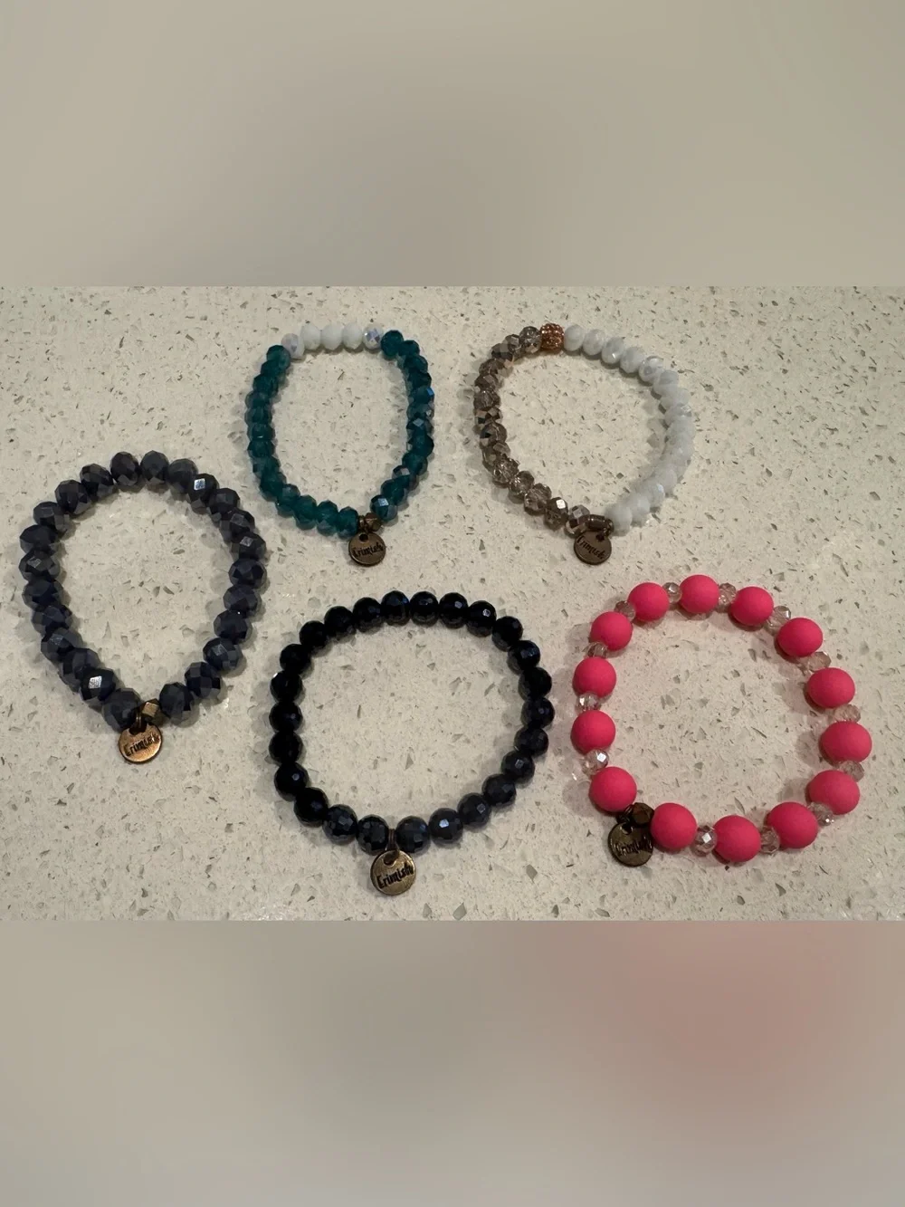 Erimish Teal Crystal Stretch Bracelet with White Accent Beads and Gold Charm